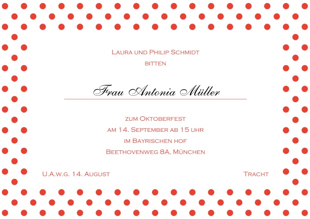 Online Einladungskarte mit gepunktetem Rahmen in verschiedenen Farben und editierbarem Text. Rot.