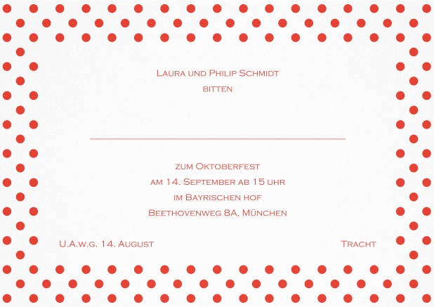 Einladungskarte mit gepunktetem Rahmen in verschiedenen Farben und editierbarem Text. Rot.