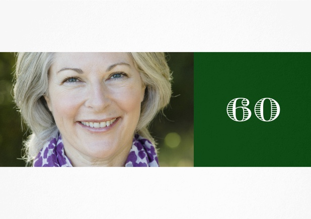 60th birthday photo invitation with an editable number on  a color square. Green.