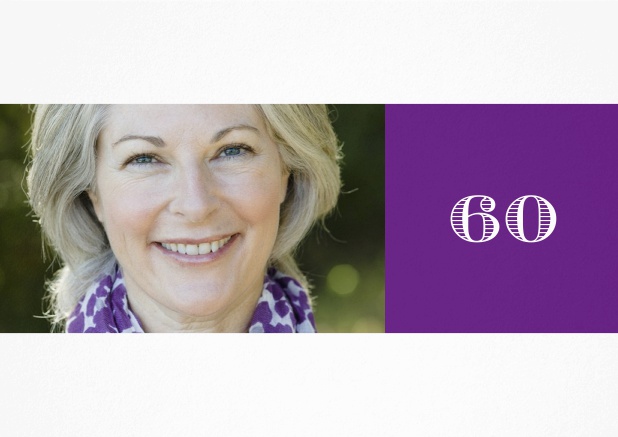 60th birthday photo invitation with an editable number on  a color square. Purple.