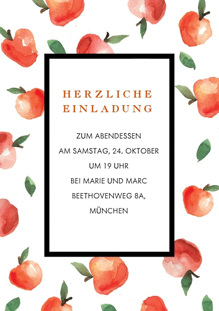 Herbstliche online Einladung mit roten Äpfeln und editierbarem Textfeld.