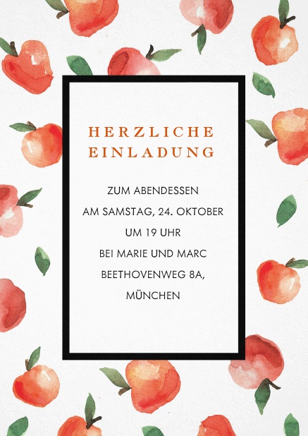 Herbstliche Einladung mit roten Äpfeln und editierbarem Textfeld.