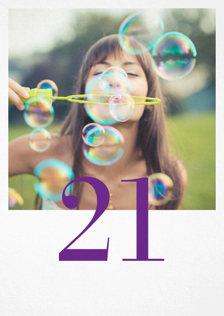 21st Birthday party invitation with photo and big editable text field. Purple.