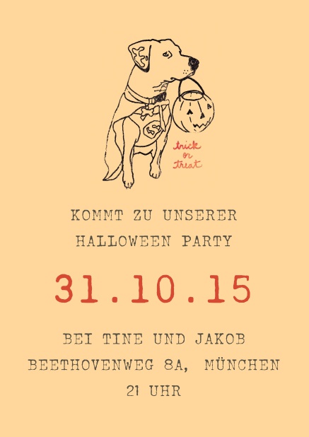 Gelbe online Einladungskarte zur Halloweenfeier mit Hund und Kürbis.