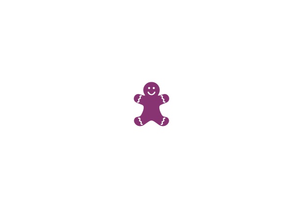 Online invitation card to a Christmas party with a small gingerbread man on the front. Purple.