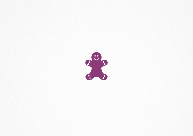 Christmas invitation card for a Christmas party with a tiny ginger bread man. Purple.