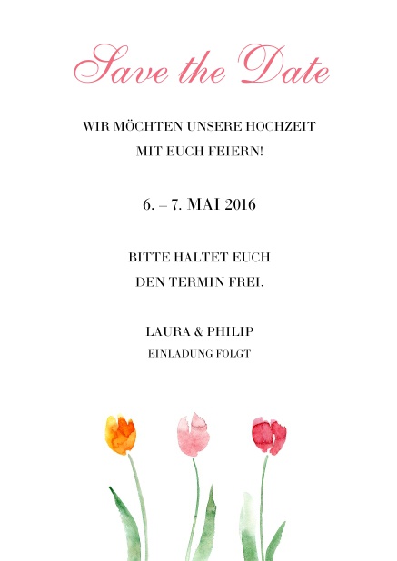 Online Save the date Karte mit drei bunten Tulpen.