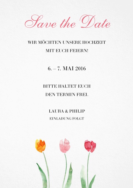 Save the date Karte mit drei bunten Tulpen.