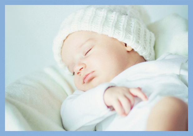 Christening invitation card with photo and frame in optional colors. Blue.