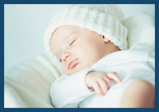 Christening invitation card with photo and frame in optional colors. Navy.