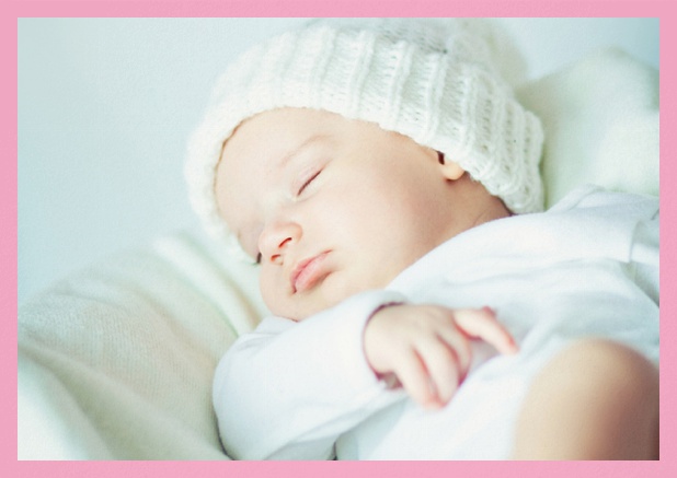 Christening invitation card with photo and frame in optional colors. Pink.