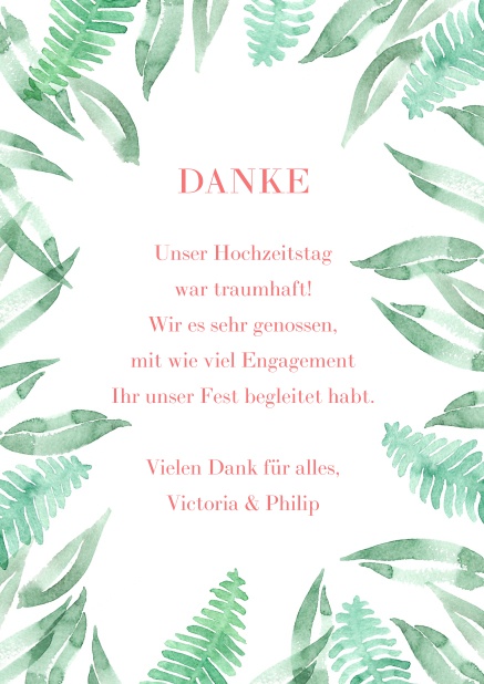 Online Dankeskarte mit grünem Blätterdesign.