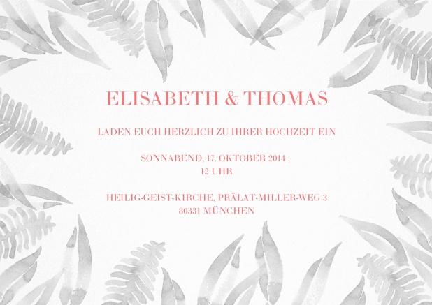 Hochzeitseinladungskarte in Querformat mit grauen Blättern als Rahmen.
