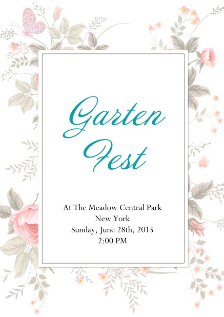 Online Einladungskarte zum Gartenfest mit zarten Blumen als Rahmen.
