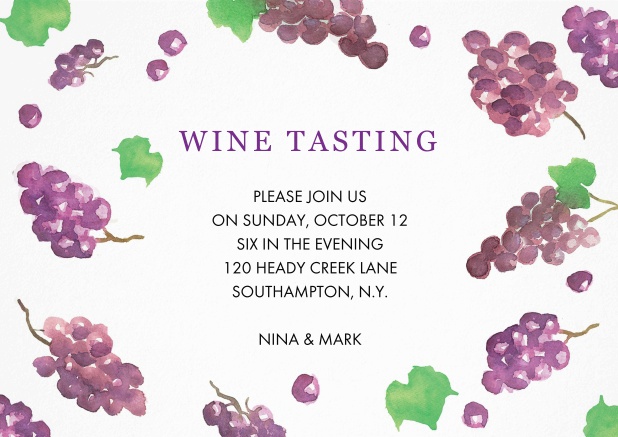Wine tasting invitation card with grapes.