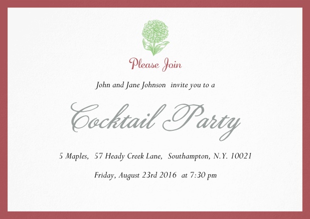 Cocktail party invitation card with flower and colorful frame. Red.