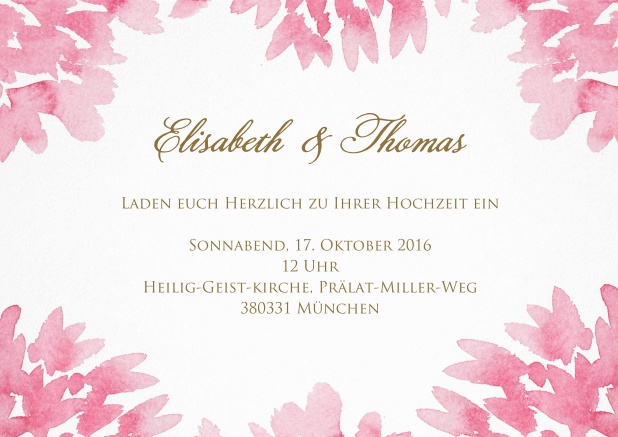 Hochzeitseinladungskarte in Querformat mit gemalten roten Wasserrosen.