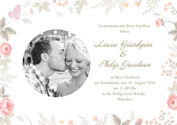Online Einladungskarte zur Hochzeit mit rundem Foto und zarten Blumenrahmen.