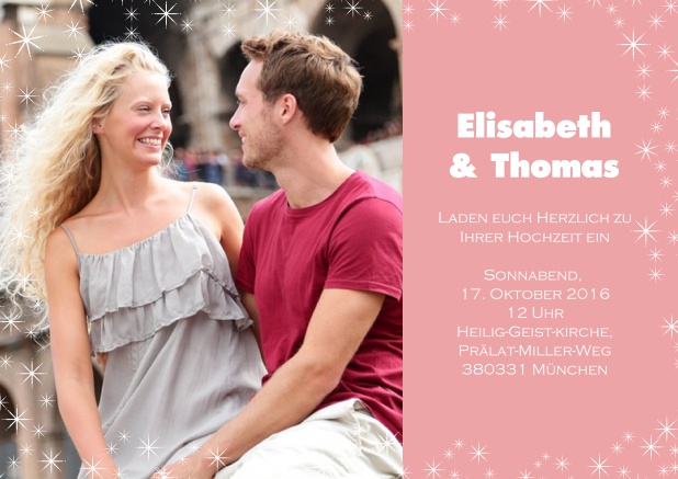 Online Hochzeitseinladungskarte mit Foto und blauer Seite. Rosa.