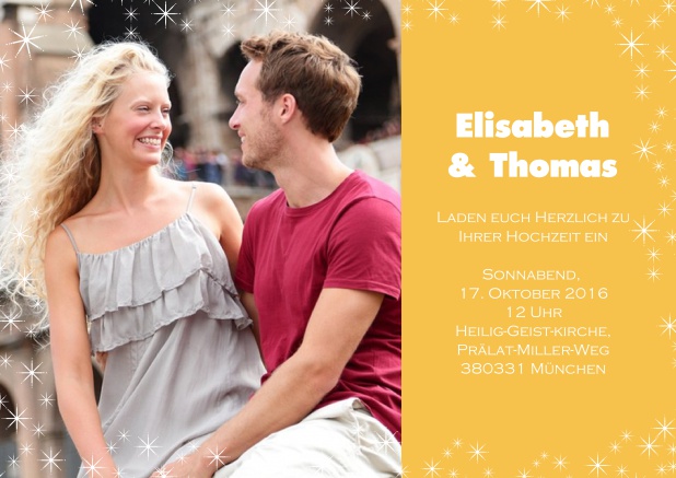 Online Hochzeitseinladungskarte mit Foto und blauer Seite. Gelb.