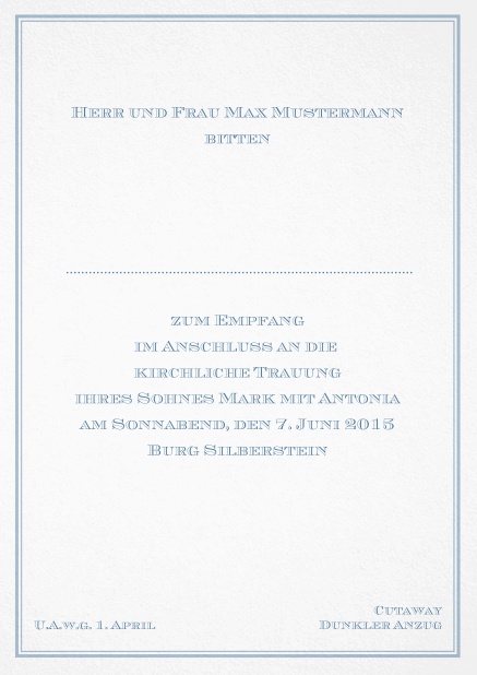 Klassiche Einladungskarte in Avignon Design mit feiner doppelter Außenlinie. Blau.