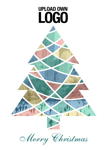 Online Firmen-Weihnachtskarte mit buntem Weihnachtsbaum auf einem Fotofeld