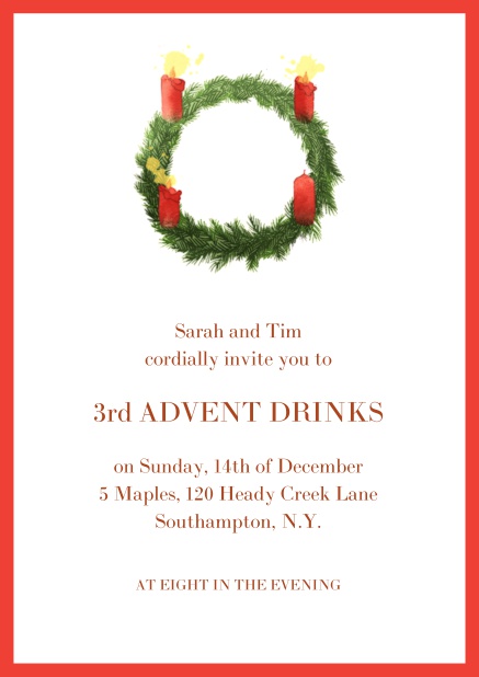 Online Advent invitation card with three burning candles. Red.