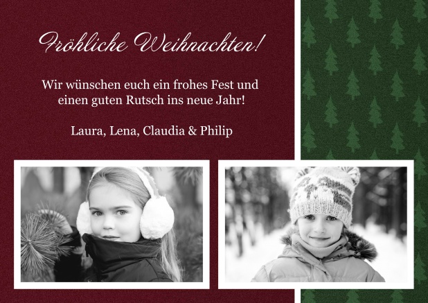 Online Weihnachtskarte mit zwei Fotos und weinrotem und grünem Hintergrund mit Weihnachtsbäumen