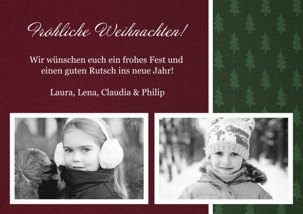Weihnachtskarte mit zwei Fotos und weinrotem und grünem Hintergrund mit Weihnachtsbäumen