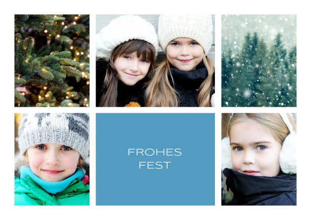 Online Weihnachtskarte mit Fünf Fotos vorne und Textfeld unten mittig. Blau.