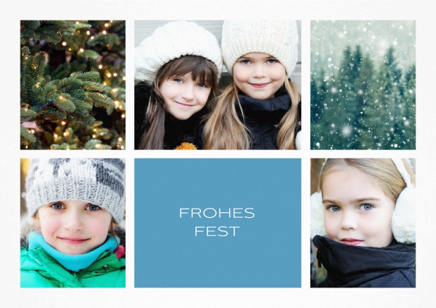 Weihnachtskarte mit Fünf Fotos vorne und Textfeld unten mittig. Blau.