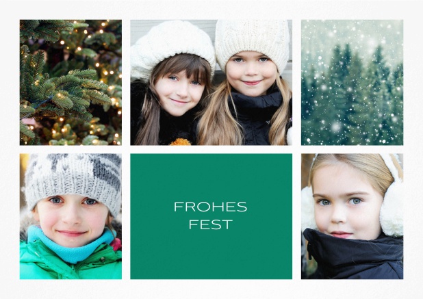 Weihnachtskarte mit Fünf Fotos vorne und Textfeld unten mittig. Grün.