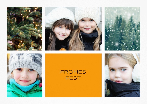 Weihnachtskarte mit Fünf Fotos vorne und Textfeld unten mittig. Orange.