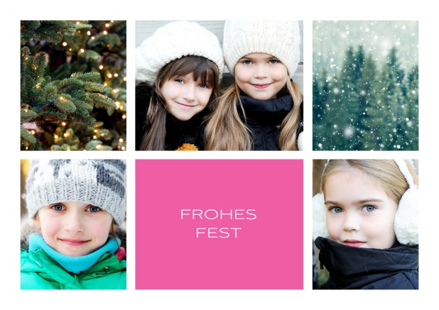 Online Weihnachtskarte mit Fünf Fotos vorne und Textfeld unten mittig. Rosa.