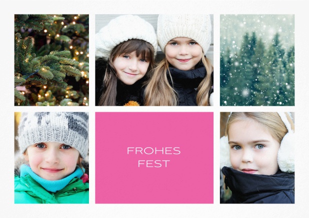 Weihnachtskarte mit Fünf Fotos vorne und Textfeld unten mittig. Rosa.