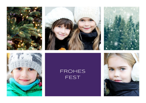 Online Weihnachtskarte mit Fünf Fotos vorne und Textfeld unten mittig. Lila.