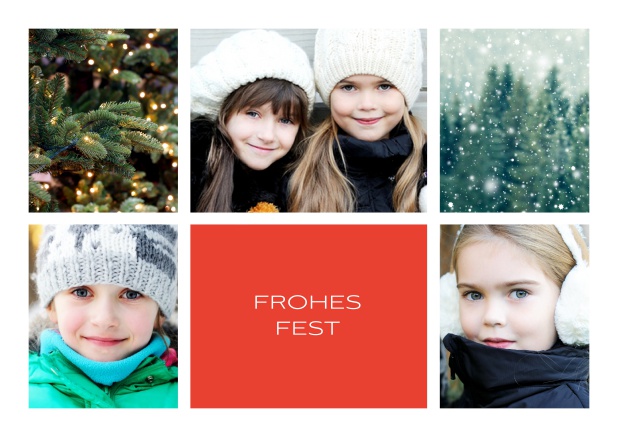 Online Weihnachtskarte mit Fünf Fotos vorne und Textfeld unten mittig. Rot.