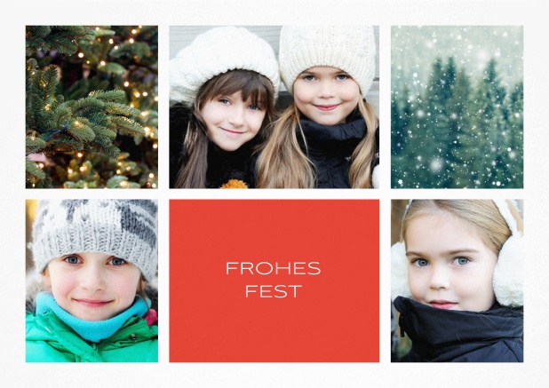 Weihnachtskarte mit Fünf Fotos vorne und Textfeld unten mittig. Rot.