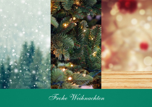 Weihnachtskarte mit 3 Hochkantfoto Optionen mit Text vorne. Grün.