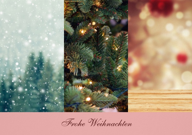 Weihnachtskarte mit 3 Hochkantfoto Optionen mit Text vorne. Rosa.