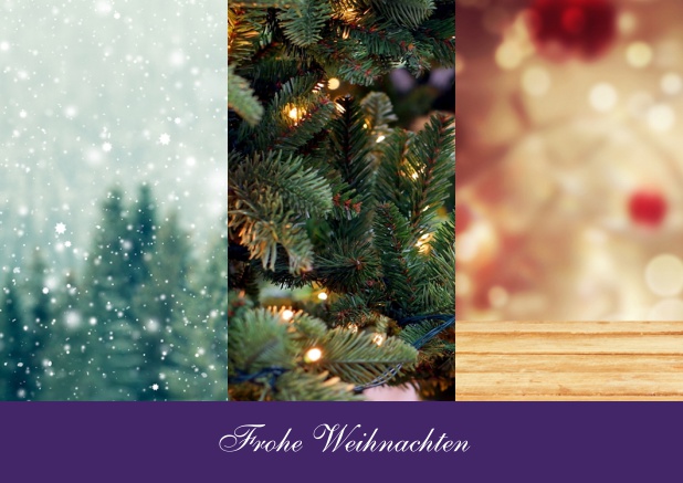 Online geschäftliche Weihnachtskarte mit Drei Fotooptionen in hochkant mit Text Lila.