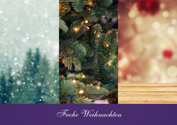 Weihnachtskarte mit 3 Hochkantfoto Optionen mit Text vorne. Lila.