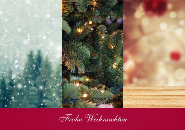 Weihnachtskarte mit 3 Hochkantfoto Optionen mit Text vorne. Rot.