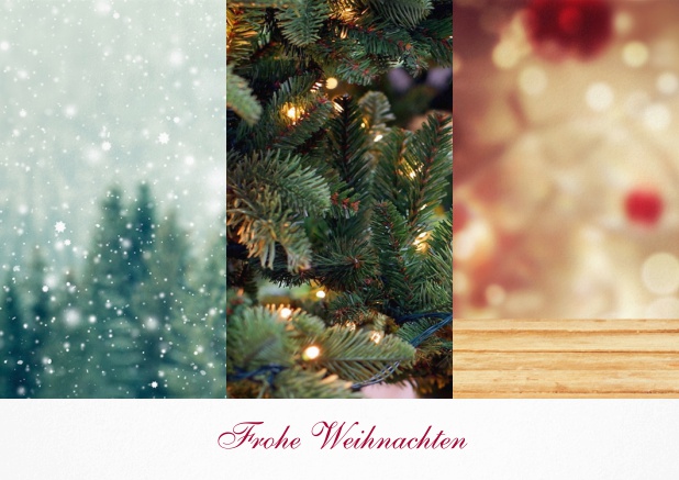 Weihnachtskarte mit 3 Hochkantfoto Optionen mit Text vorne. Weiss.