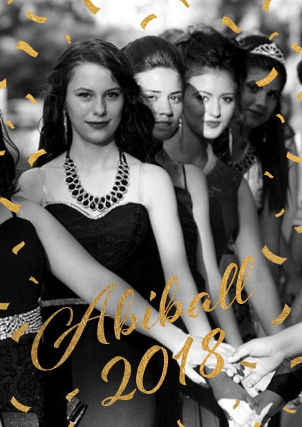 Online Foto Einladungskarte zum Abiball 2018 mit goldener Schrift und Funken