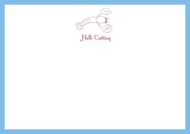Individuell anpassbare online Briefkarte mit illustriertem Hummer und Rahmen in verschiedenen Farben. Blau.