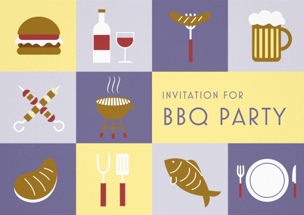 BBQ party invitation with fun pictures of hamburger, hot dog, beer mug, grill etc. Purple.