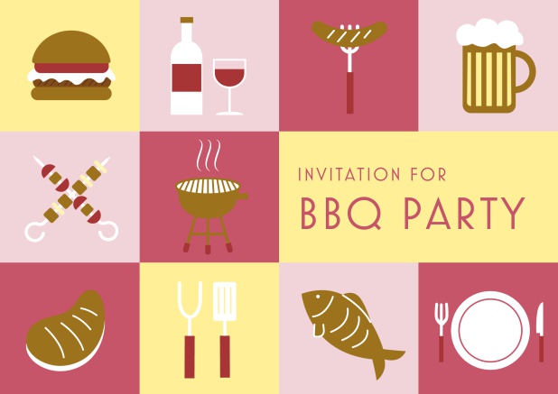 BBQ party online invitation with fun pictures of hamburger, hot dog, beer mug, grill etc. Red.