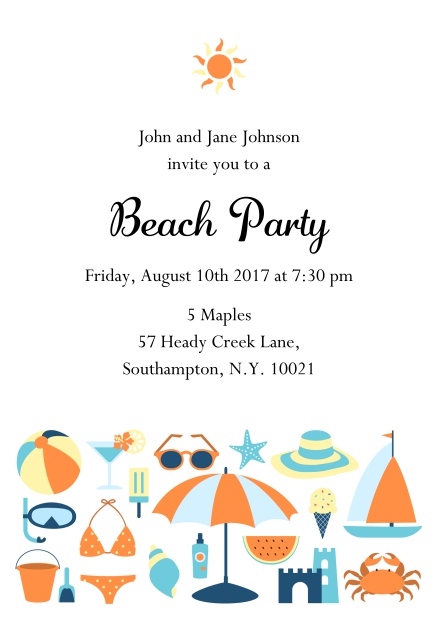 Beach party summer Online invitation card with sun and beach essentials Orange.