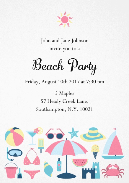 Beach party summer invitation card with sun and beach essentials Pink.